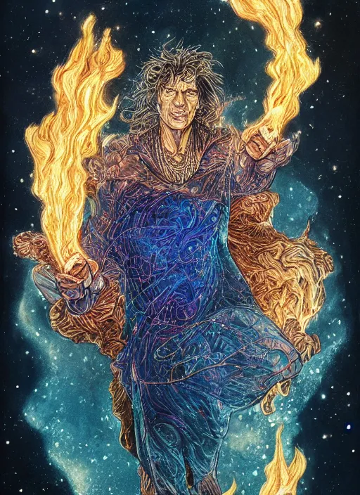 Image similar to high intricate colored ink drawing of the sandman holding a glimmering fire - galaxy, full shot, neil gaiman, maria panfilova, andrea savchenko, mike kime, ludovic plouffe, qi sheng luo, oliver cook, julian calle, eddie mendoza, trending on artstation