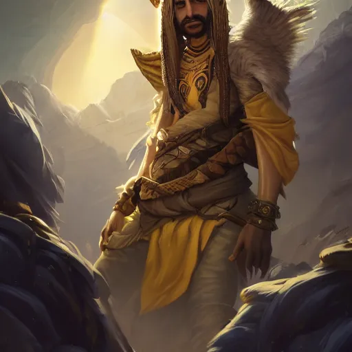 Image similar to portrait of young arabian nomad half wolf, with yellow cloths, league of legends splash art, hearthstone splash art, full body shot, rule of thirds, ultrafine hyperrealistic detailed face, artgerm, greg rutkowski, trending on artstation, 8 k, intricately detailed, highly detailed