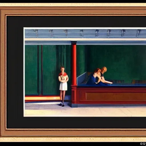 Prompt: martina theininger frame [ o ] ut interpreted by edward hopper