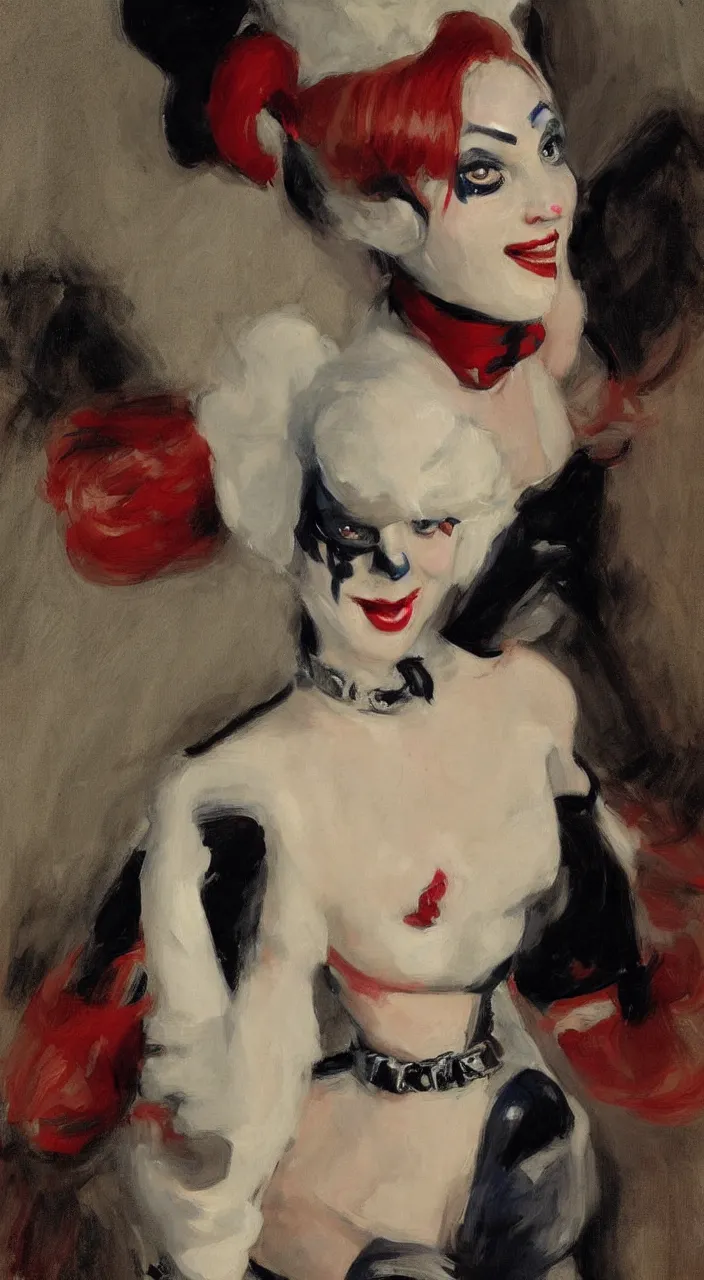 Prompt: a portrait of Harley Quinn by john singer sargent