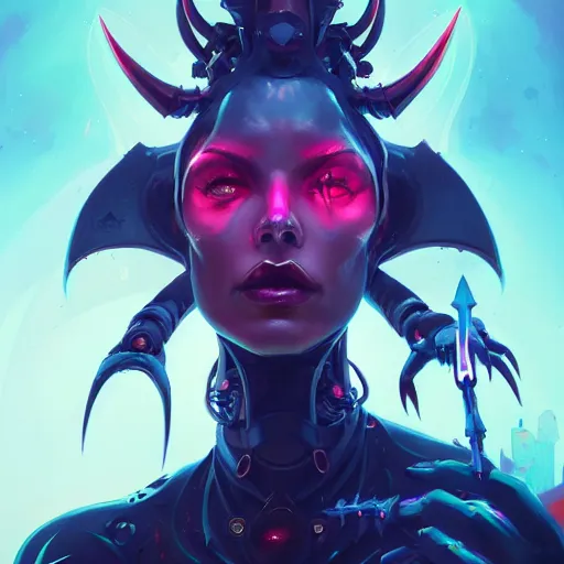 Image similar to a portrait of a beautiful demonic cybernetic queen of hell, cyberpunk concept art by pete mohrbacher and wlop and artgerm and josan gonzales, digital art, highly detailed, intricate, sci-fi, sharp focus, Trending on Artstation HQ, deviantart, unreal engine 5, 4K UHD image