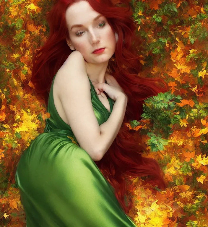 Image similar to portrait of a red haired woman wearing a green satin dress with fine gold filigree, autumn leaves falling, dramatic volumetric lighting, god rays, global illumination, soft, sharp focus, ivy, intricate, elegant, masterpiece, moss, trending on artstation, art nouveau, art by artgerm and greg rutkowski and alphonse mucha