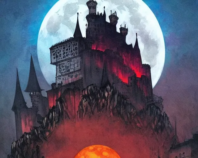 Prompt: dracula's castle rising up from the mist at night silhouetted by a single huge bloodmoon by dc comics and sandra chevrier, stunning, comic, pen and ink, slash page, highly detailed