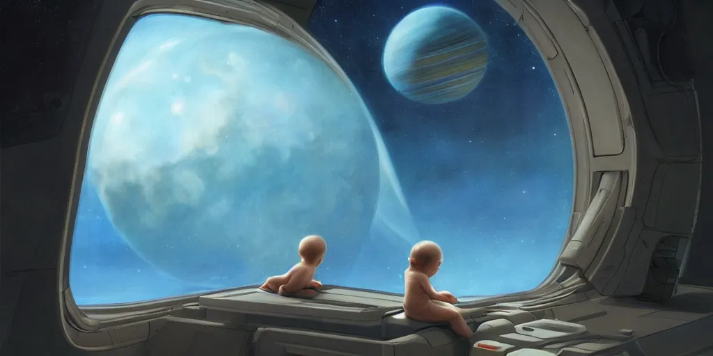 Prompt: a baby by the window of a spaceship looking out at a planet by michael whelan, jim burns, peter andrew jones, michael hutter, sharp digital painting. dreaming latent space. matte painting, concept art. artstation. digital render.