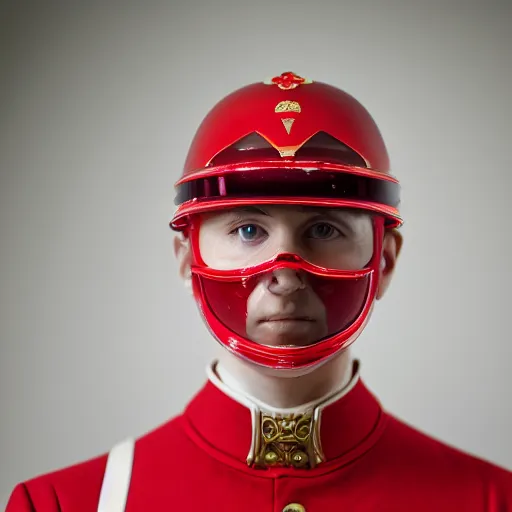 Prompt: highly detailed portrait photography directed gaze of a sharp face, wearing a red visor mask, chapped lips, 105mm f2.8 at the grand budapest hotel