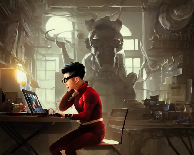 Image similar to an insanely detailed painting of a nerdy asian man wearing a superhero costume, sitting at a desk, staring at the nervously at the computer and typing, in the style of peter mohrbacher, dramatic lighting and composition, octane render, pixar, trending on artstation, concept art, comic book, view from behind