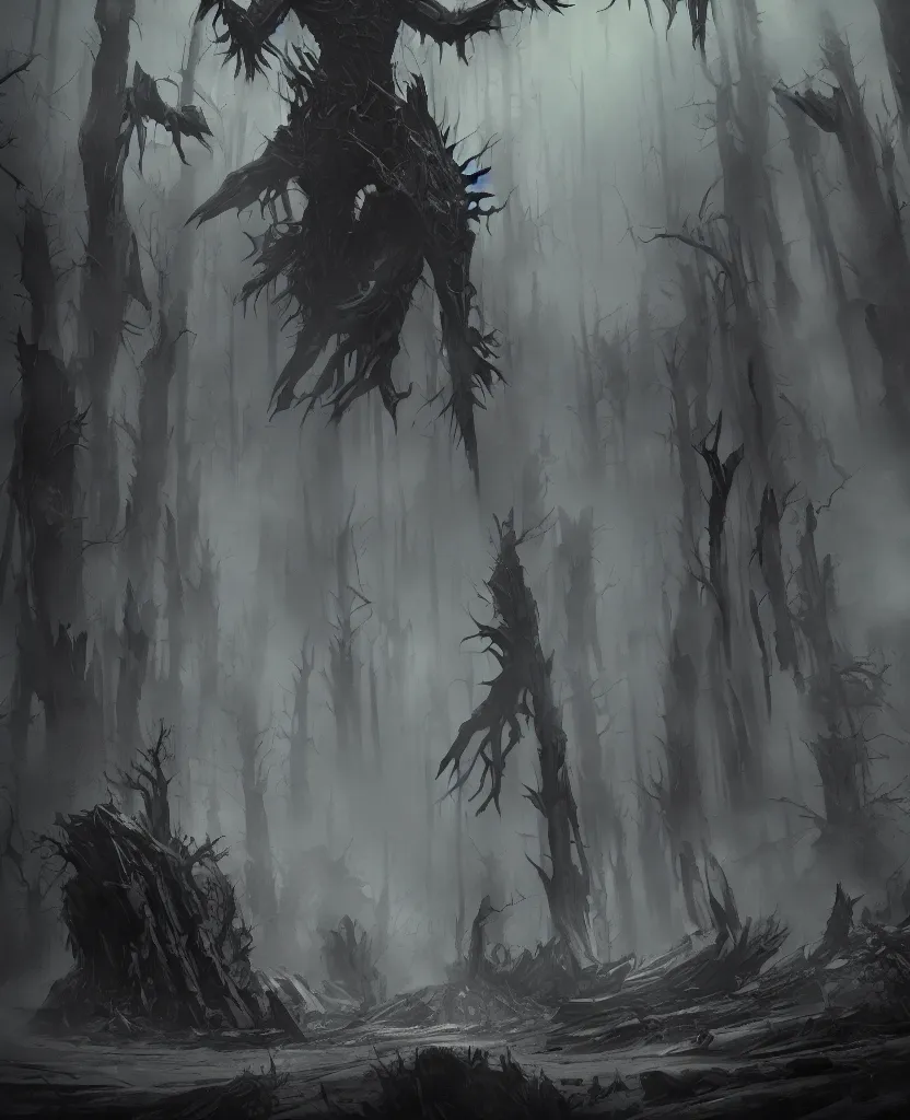 Prompt: one giant monster made of black smoke in the middle of a forest, concept art by max svabinsky, cgsociety contest winner, altermodern, concept art, apocalypse art, artstation hq