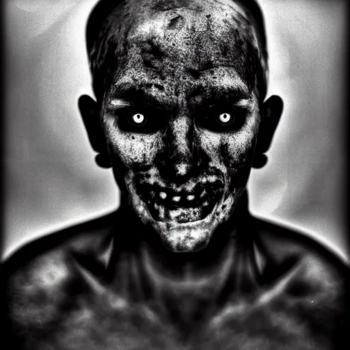 Image similar to a man with a creepy face in the dark, a black and white photo by Zoltán Joó, deviantart, vanitas, dark and mysterious, creepypasta, dark