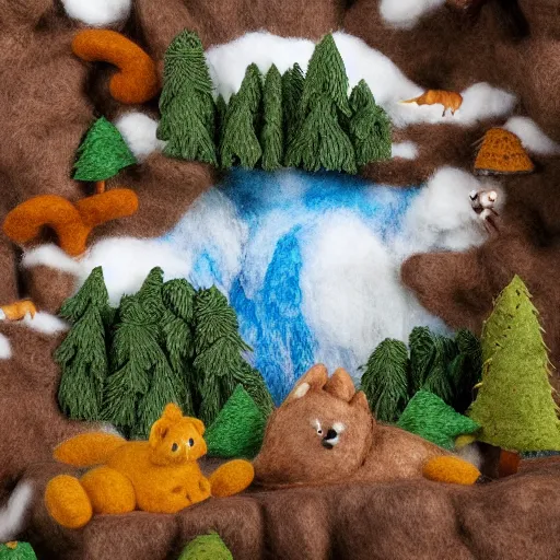 Image similar to high - res photograph of a felt sculpture diorama with cute fluffy forest critters, highly detailed sculpey diorama, forest setting, waterfall backdrop, realistic materials, wood, felt, cloth, burlap, smooth, sharp foccus, commercial product photography,