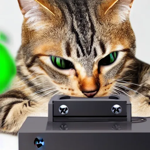 Image similar to cat playing xbox, photo, stock photography, gamer cat, controller, headset, highly detailed