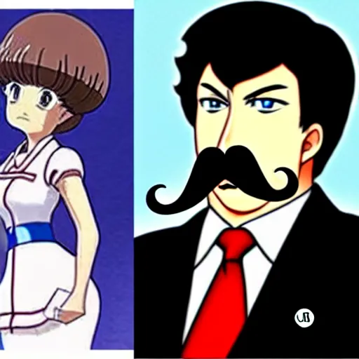 Image similar to a woman in a tight dress with a head like Alexander Lukashenko, with a mustache, Miyazaki anime style