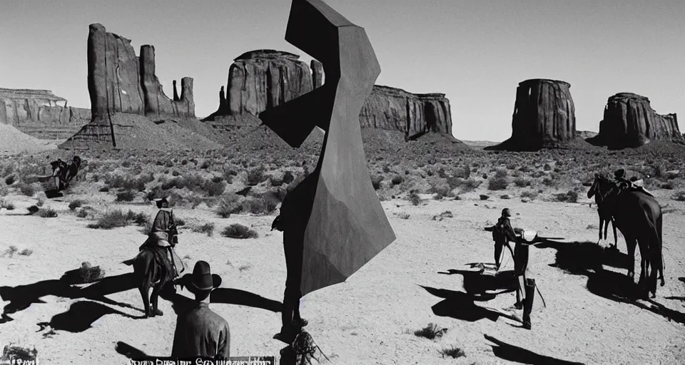 Image similar to film still showing cowboys looking at a gigantic abstract sculpture in the desert directed by Sergio Leone, western, monument valley, cinemascope, technicolor