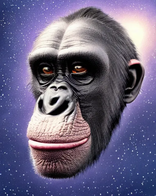 Prompt: very detailed high resolution illustration portrait of a phantom pirate chimpanzee head floating in space, backlit, night covered in stars, 3 d, 8 k, extremely detailed, artstation, furaffinity award winning