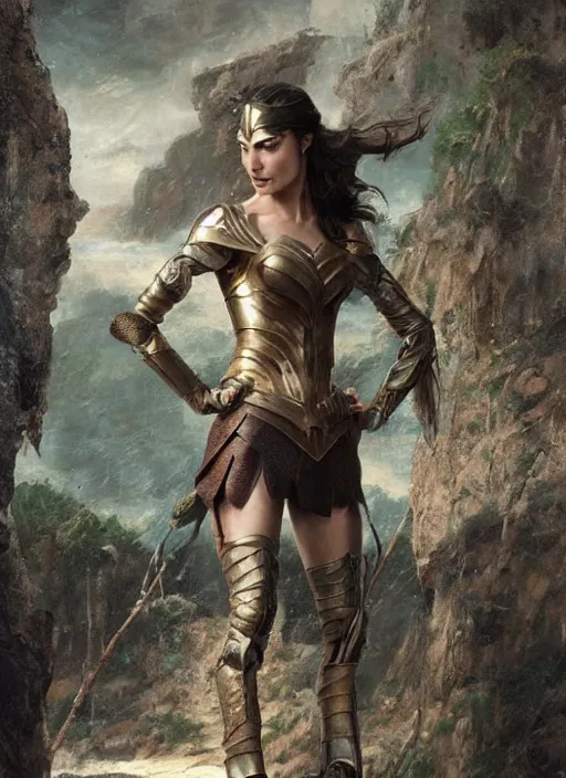 Image similar to highly detailed steampunk armor on gal gadot who is standing on a rock : leonardo da vinci, greg rutkowski, magali villeneuve