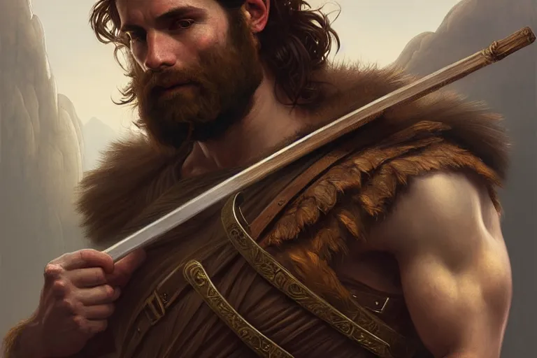 Image similar to renaissance upper body portrait of a gruff ranger with a spear, lean and toned, handsome face, hairy chest, D&D, intricate, elegant, highly detailed, digital painting, artstation, concept art, matte, sharp focus, illustration, art by da Vinci, Artgerm and Greg Rutkowski and Alphonse Mucha