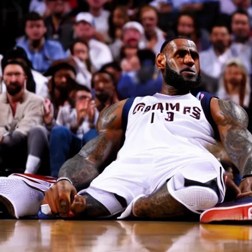 Image similar to professional close up shot photograph of lebron james sleeping on the court in an nba game, wearing nba jersey, standing, clear image, as seen on getty images, smooth, uncompressed,