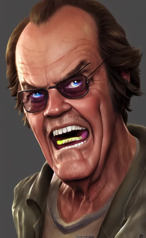 Image similar to Jack Nicholson as a character in the game League of Legends, with a background based on the game League of Legends, detailed face, old 3d graphics