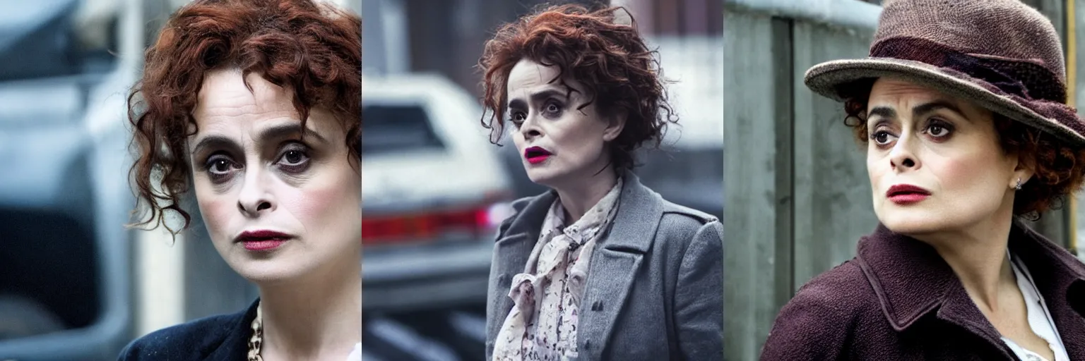 Prompt: close-up of Helena Bonham Carter as a detective in a movie directed by Christopher Nolan, movie still frame, promotional image, imax 70 mm footage