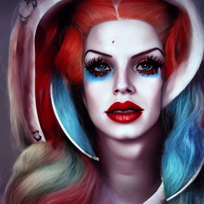 Image similar to portrait of lana del ray as a harley quinn. intricate abstract. intricate artwork. nightmare fuel. by Tooth Wu, wlop, beeple, dan mumford. octane render, trending on artstation, greg rutkowski very coherent symmetrical artwork. cinematic, hyper realism, high detail, octane render, 8k, iridescent accents
