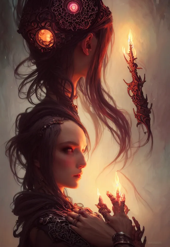 Image similar to Necromancer Sorceress, fantasy magic, undercut hairstyle, dark light night, intricate, elegant, sharp focus, illustration, highly detailed, digital painting, concept art, matte, art by WLOP and Artgerm and Greg Rutkowski and Alphonse Mucha, masterpiece