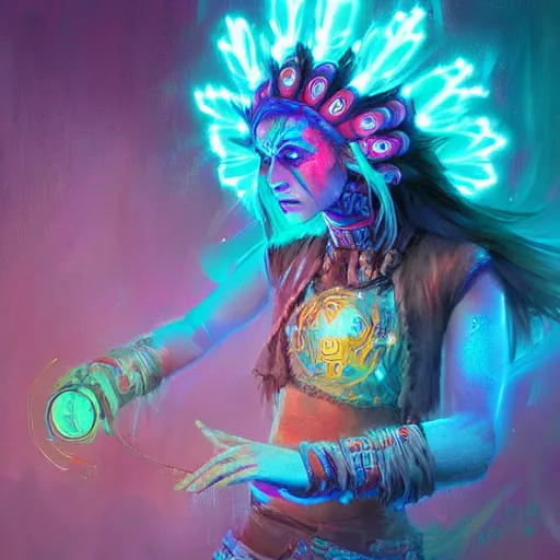 Prompt: neon shaman warrior, technology, digital art, visionary art, by mandy jurgens