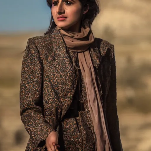 Image similar to close - up of an attractive kurdish singer in a movie directed by christopher nolan, movie still frame, promotional image, imax 7 0 mm footage