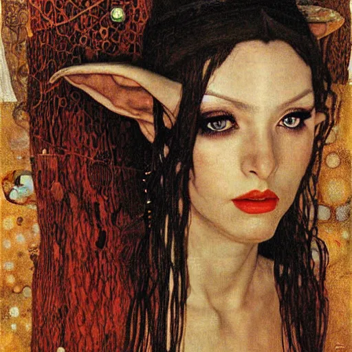 Image similar to head and shoulders portrait of a female elf sorcerer, royo, klimt, miro, vallejo, frazetta, giger, whealan