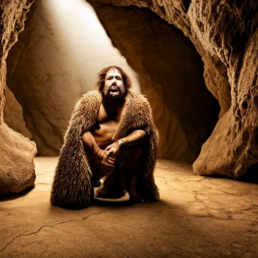 Image similar to Photo portrait Joe Rogan as a wax neanderthal cave man exaggerated brow wrapped in fur cloak screaming like a savage in the natural history museum in a replica of a cave environment dramatic lighting 85mm lens by Steve McCurry