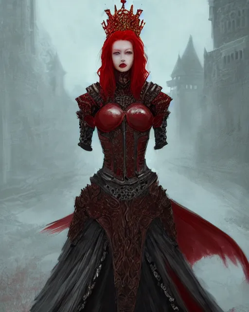 Prompt: redhead queen in heavy red armor, inside an epic gothic castle, baroque, large crown, heart eyes, face with scars, mad grin, intimidating, ominous, high fantasy, intricate detail, digital painting, artstation, concept art, smooth, sharp focus, illustration, art by yoshitaka amano and monia merlo and wlop