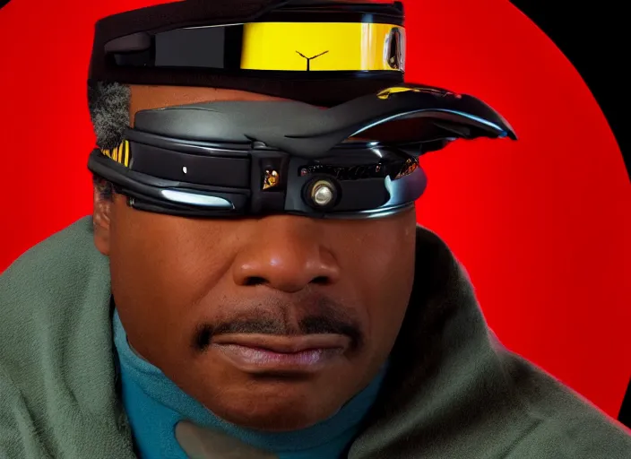 Image similar to a hyper realistic ultra realistic photograph of Commander Geordi La Forge wearing his visor, highly detailed, 8k photograph