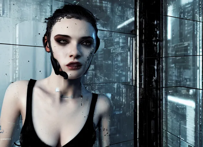 Image similar to octane render photographic portrait by quentin tarantino of a beautiful feminine man wearing black techwear and light makeup looking in a broken bathroom mirror, cramped new york apartment, full shot, retrofuturism cyberpunk cinematic, 8 k, hd, high resolution, ultra realistic faces, intricate detail, trending on artstation, digital painting, clockwork orange