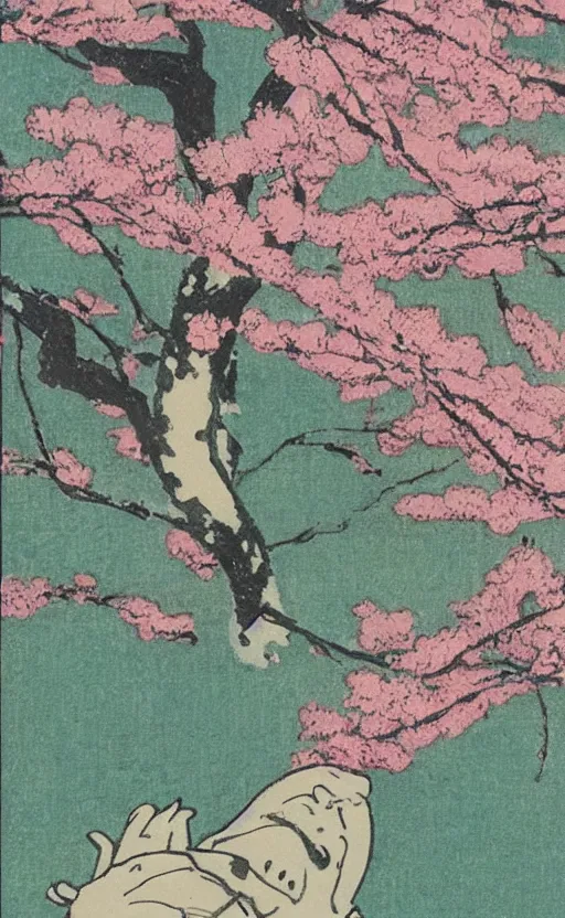 Prompt: by akio watanabe, manga art, cherry blossoms falling, a tree on a hill, trading card front