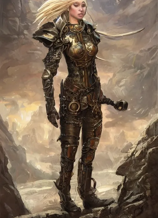 Image similar to highly detailed steampunk armor on a blond who is standing on a rock : greg rutkowski, magali villeneuve