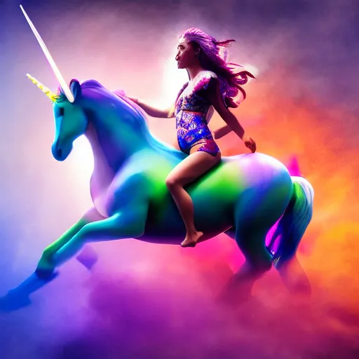 Image similar to full body pose, hyperrealistic photograph of attractive girl riding a rainbow unicorn, dim volumetric lighting, 8 k, octane beautifully detailed render, extremely hyper detailed, intricate, epic composition, cinematic lighting, masterpiece, trending on artstation, very very detailed, stunning, hdr, smooth, sharp focus, high resolution, award, winning photo, dslr, 5 0 mm