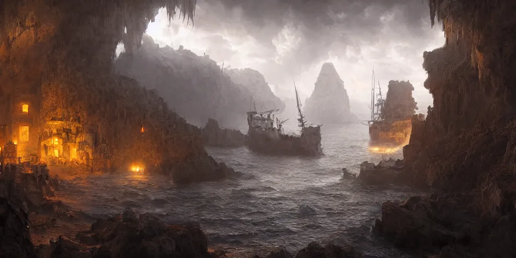 Prompt: a secret pirate town and harbor, in a cave. underexposed, dark, centered. atmospheric matte painting by darek zabrocki and emmanuel shiu, 4 k ultra detailed, cinematic.
