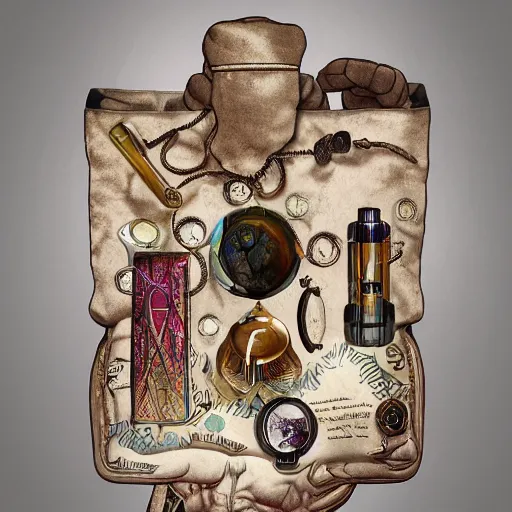 Prompt: Another dimension universe inside ampoules and alambics in a surreal ancient doctor's bag, intricated detailed, soft painting depth of field, trending on artstation