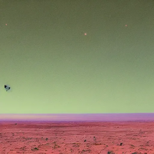 Image similar to a green sunset on the surface of an alien planet that orbits two stars
