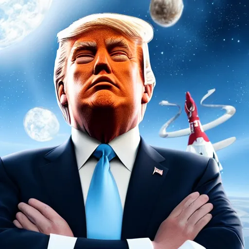 Prompt: Donald Trump with astronaut body, realistic artstyle, wide shot, dramatic lighting, octane render, hyperrealistic, high quality, highly detailed, HD, beautiful, cinematic, 8k, unreal engine, facial accuracy, symmetrical