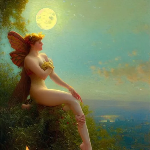 Image similar to attractive fairy magically floating high in the night, fantasy, full moon in background. highly detailed painting by gaston bussiere, craig mullins, j. c. leyendecker, sharp focus, 8 k