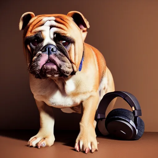 Prompt: A studio photo portrait of a brown Bulldog wearing a headphone, style Steve McCurry, hyperrealistic, ultra HD, Unreal Engine 5 render