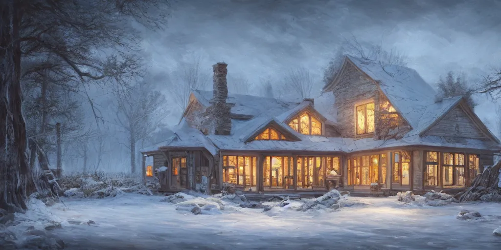 Prompt: an oil painting of a lakehouse in winter, masterpiece, highly detailed, high quality, 4 k, anatomically correct, hyperrealistic, concept art, octane render, unreal engine 5, trending on artstation, trending on deviantart, matte, historical painting, fantasy style, path traced, high coherence, soft lighting, digital painting, mythical