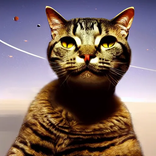 Image similar to ( very giant ) sci - fi cat!, in space ( earth in its mouth )