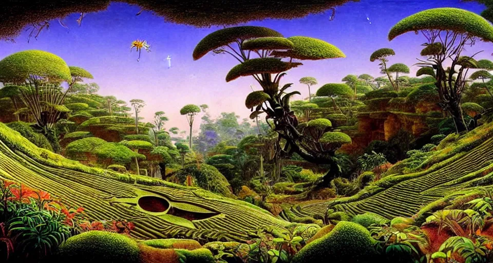 Prompt: huge woodlouse, bones of dead animals, a landscape on the moon with many craters, tea terraces, a beautiful flowering garden, a lot of exotic vegetations, trees, intricate detaild, pale colors, 8 k, in the style of martin johnson heade and roger dean