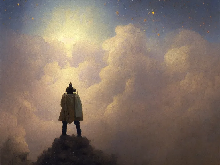 Prompt: a detailed profile oil painting of a men floating over a toiled, aurora lighting clouds and stars by beksinski carl spitzweg and tuomas korpi. baroque elements. baroque element. intricate artwork by moebius. Trending on artstation. 8k