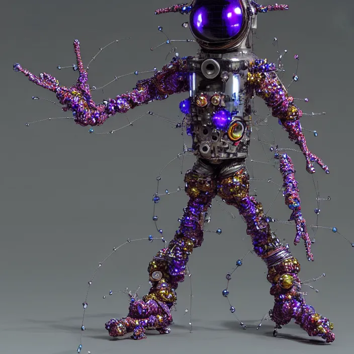 Image similar to a cybernetic symbiosis of a single astronaut mech-organic eva suit made of pearlescent wearing anodized thread knitted shiny ceramic multi colored yarn thread infected with kevlar,ferrofluid drips,carbon fiber,ceramic cracks,gaseous blob materials and diamond 3d fractal lace iridescent bubble 3d skin dotted covered with orb stalks of insectoid compound eye camera lenses orbs floats through the living room, film still from the movie directed by Denis Villeneuve with art direction by Salvador Dalí, wide lens,