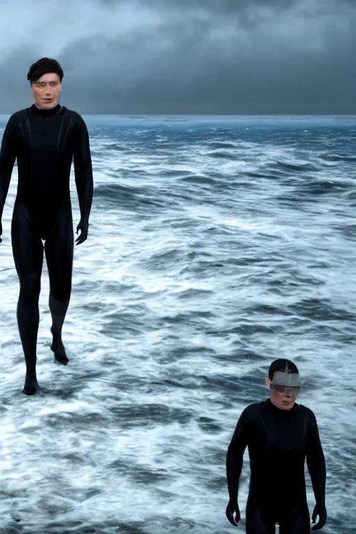 Image similar to Cillian Murphy wearing a old dive suit, walking out the ocean, dramatic, realistic, 8k, 4k, unreal engine