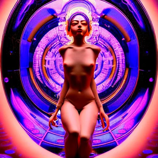 Image similar to trippy female machine droid bathing in ocean waves of glossy liquid stardust flowing like psychedelic plasma, lsd waves, lsd ripples, backlit, dramatic, refracted lighting, volumetric lighting, 8 k octane beautifully detailed render, post - processing, extremely hyper - detailed, intricate, epic composition, cinematic lighting, scifi art by alphonse mucha