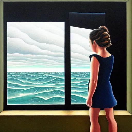 Image similar to a girl pensively looking out the window where a stormy clouds above a tumultuous sea, painting by jeffrey smith