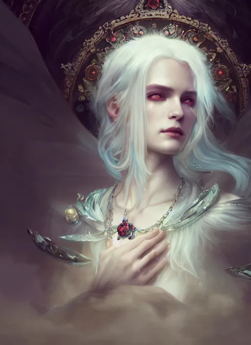 Image similar to a beautiful white haired princess, adorned with precious stone jewelry, intricate concept art, ethereal, ominous, dark fantasy, misty, dramatic lighting, dark background, octane render, 8 k, ruan jia and tom bagshaw and alphonse mucha and marc simonetti