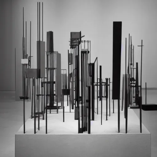 Image similar to An offset photography of a new series of sculptures by David Smith on display, at the Met in NYC, bauhaus, colonial expedition, 60s style